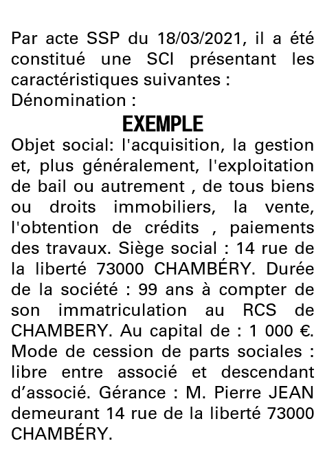 Modèle annonce légale de constitution SCI Savoie