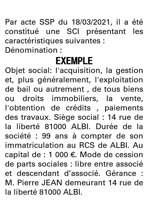 Modèle annonce légale de constitution SCI Tarn