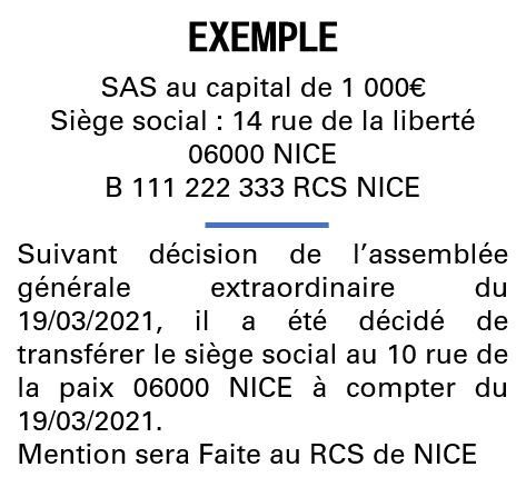 Modèle annonce légale de transfert de siège Alpes-Maritimes