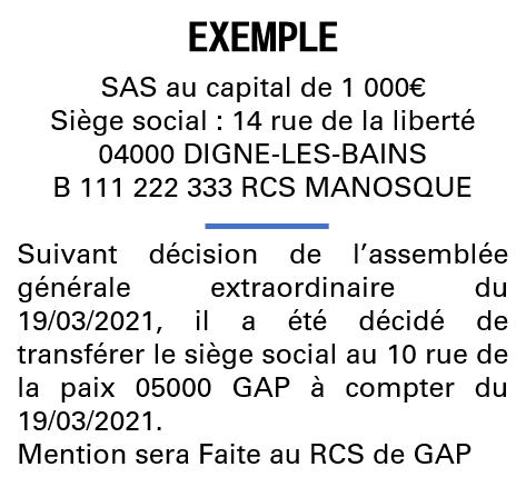 Modèle annonce légale de transfert de siège Hautes-Alpes