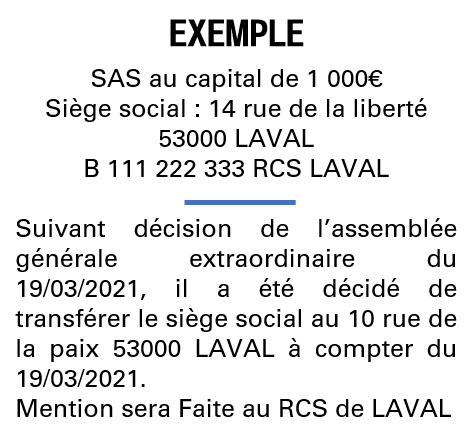 Modèle annonce légale de transfert de siège Mayenne
