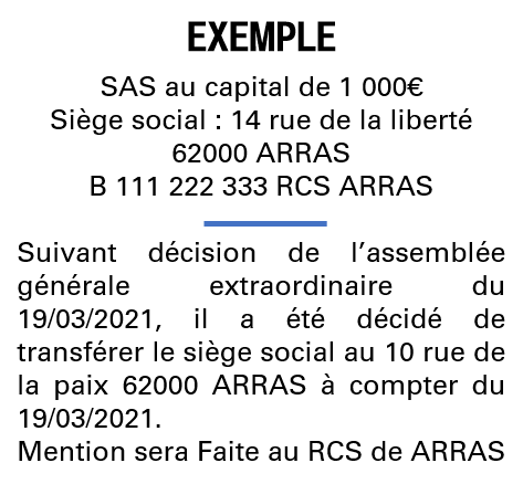 Modèle annonce légale de transfert de siège Pas-de-Calais