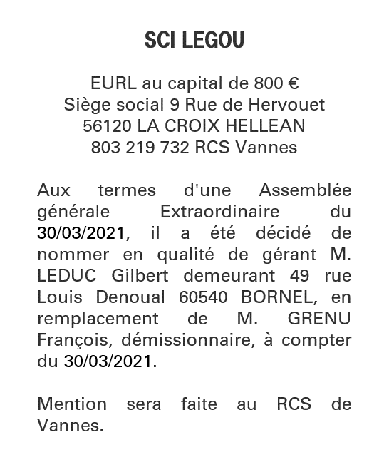 Exemple annonce légale Changement de gérant