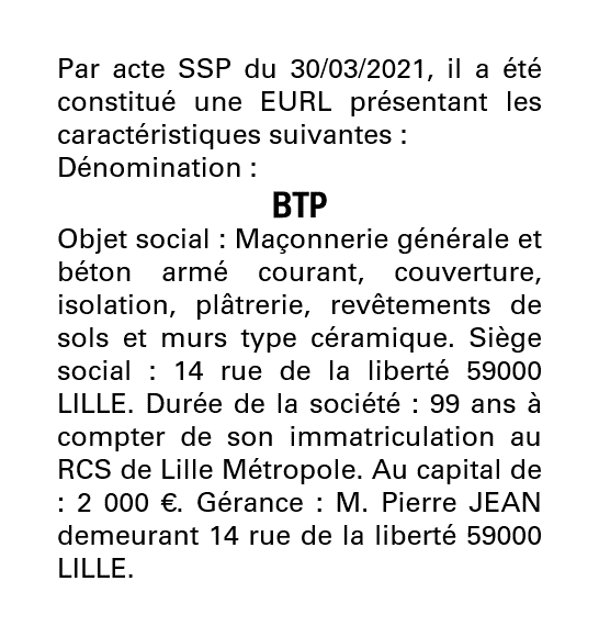 Exemple annonce légale création EURL