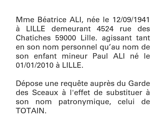 Exemple annonce légale Demande de changement de nom