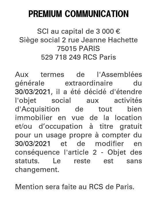Exemple annonce légale Extension de l'objet social