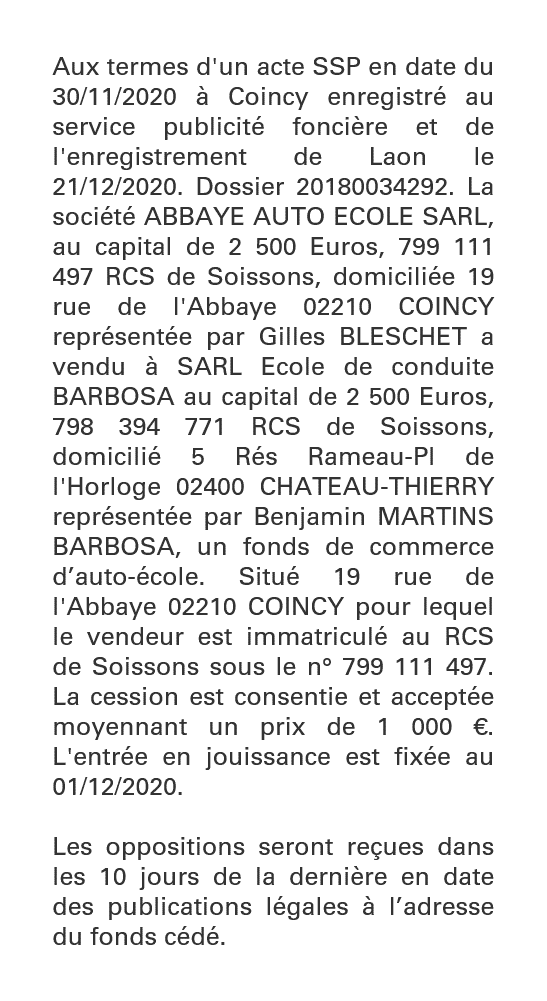 Exemple annonce légale Vente de fonds de commerce