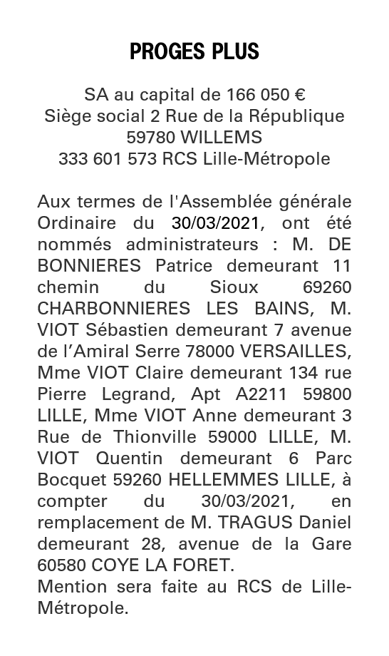Exemple annonce légale Changement d'administrateur