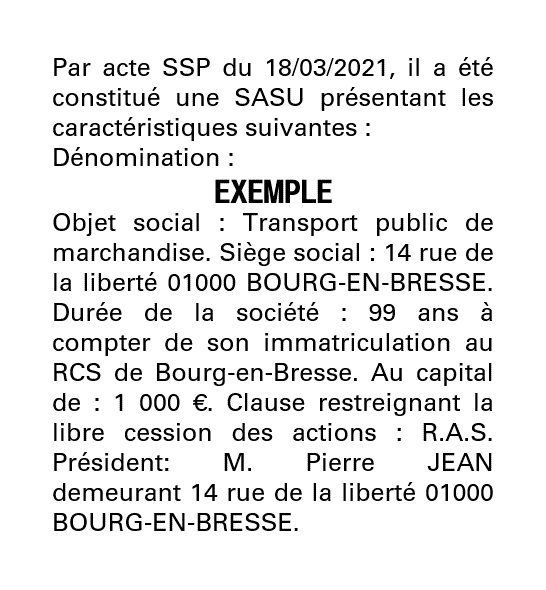 Exemple annonce légale création SASU