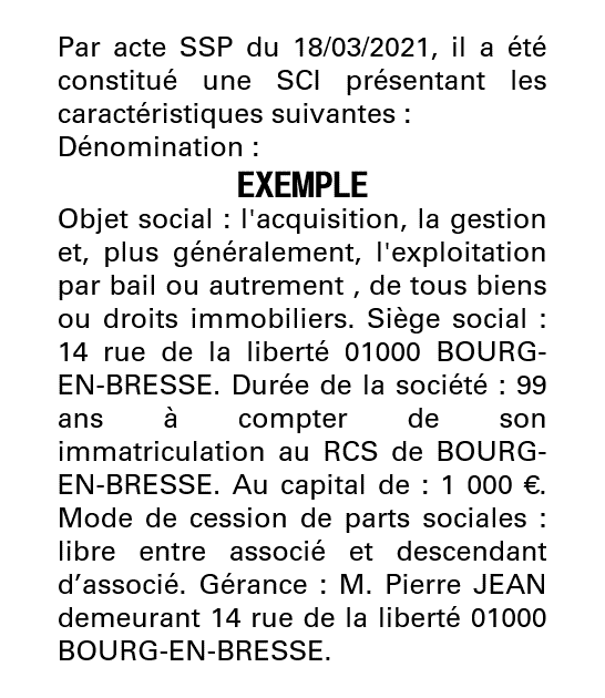 Exemple annonce légale création SCI