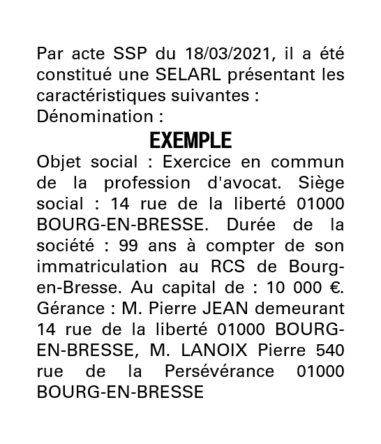 Exemple annonce légale création SELARL