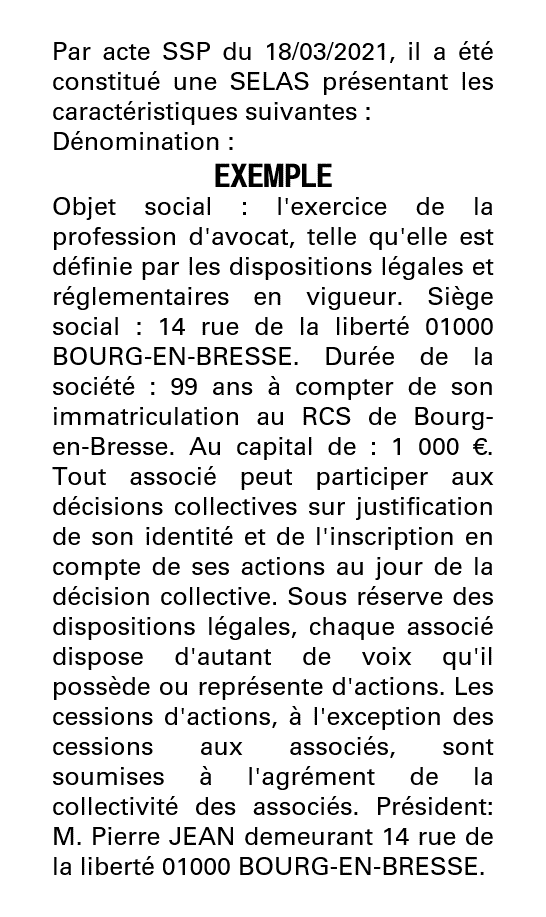 Exemple annonce légale création SELAS