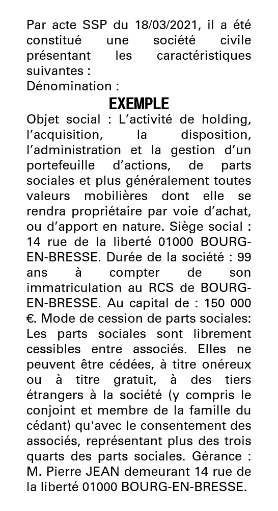 Exemple annonce légale création Société Civile