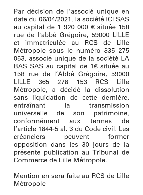 Exemple annonce légale Dissolution par T.U.P