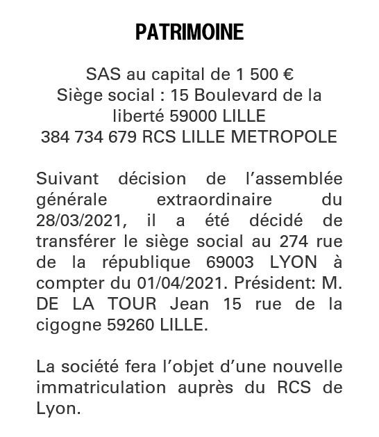 Exemple annonce légale Transfert de siège autre département (Nouveau siège)