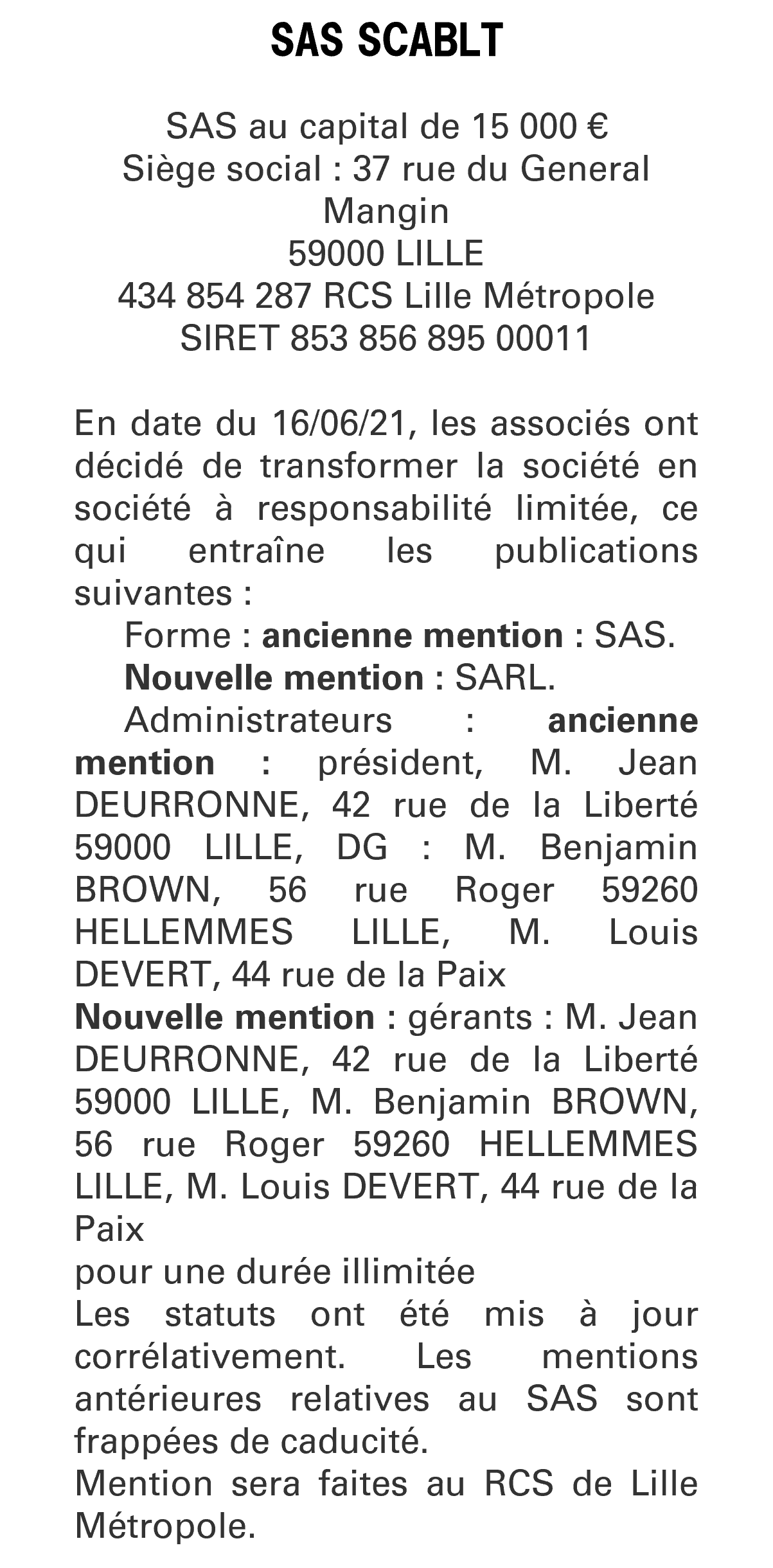 Exemple annonce légale Transformation en SARL