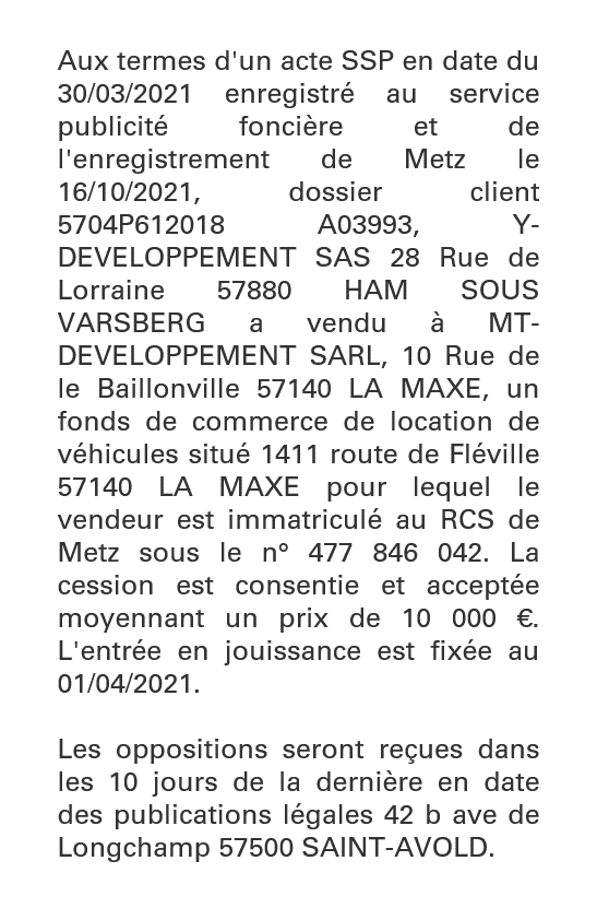 Exemple annonce légale Vente de fonds de commerce