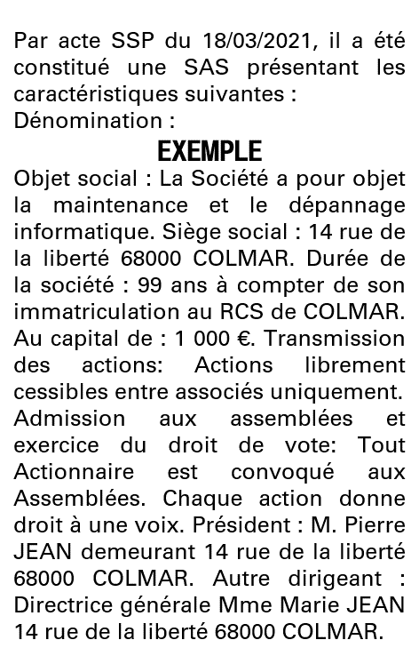 Modèle annonce légale de constitution SAS Haut-Rhin