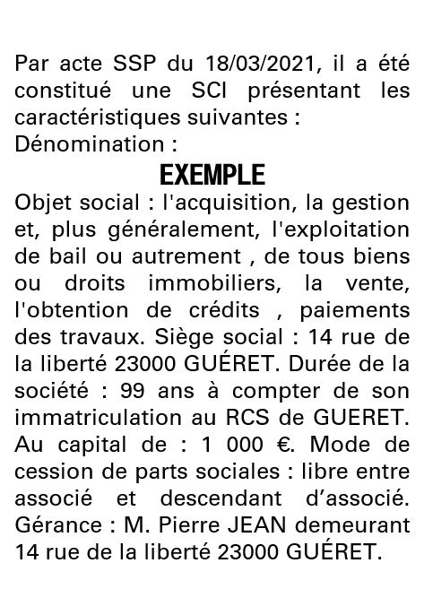 Modèle annonce légale de constitution SCI Creuse