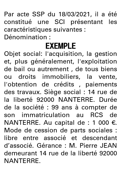Modèle annonce légale de constitution SCI Hauts-de-Seine