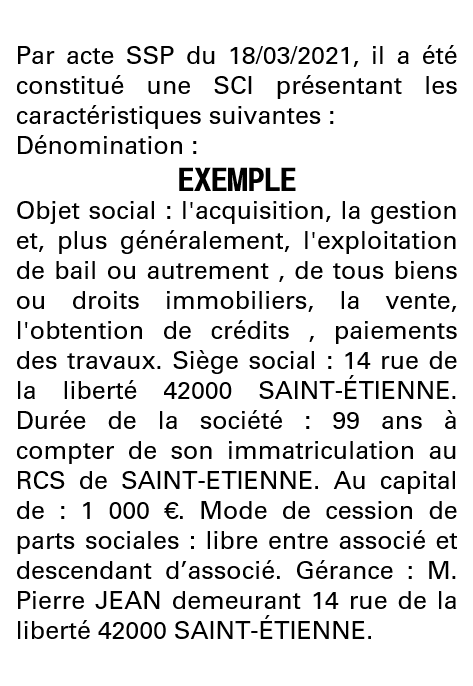 Modèle annonce légale de constitution SCI Loire