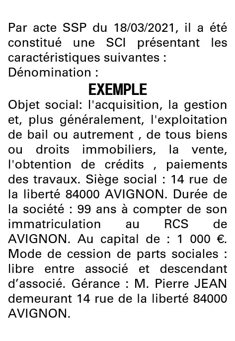Modèle annonce légale de constitution SCI Vaucluse